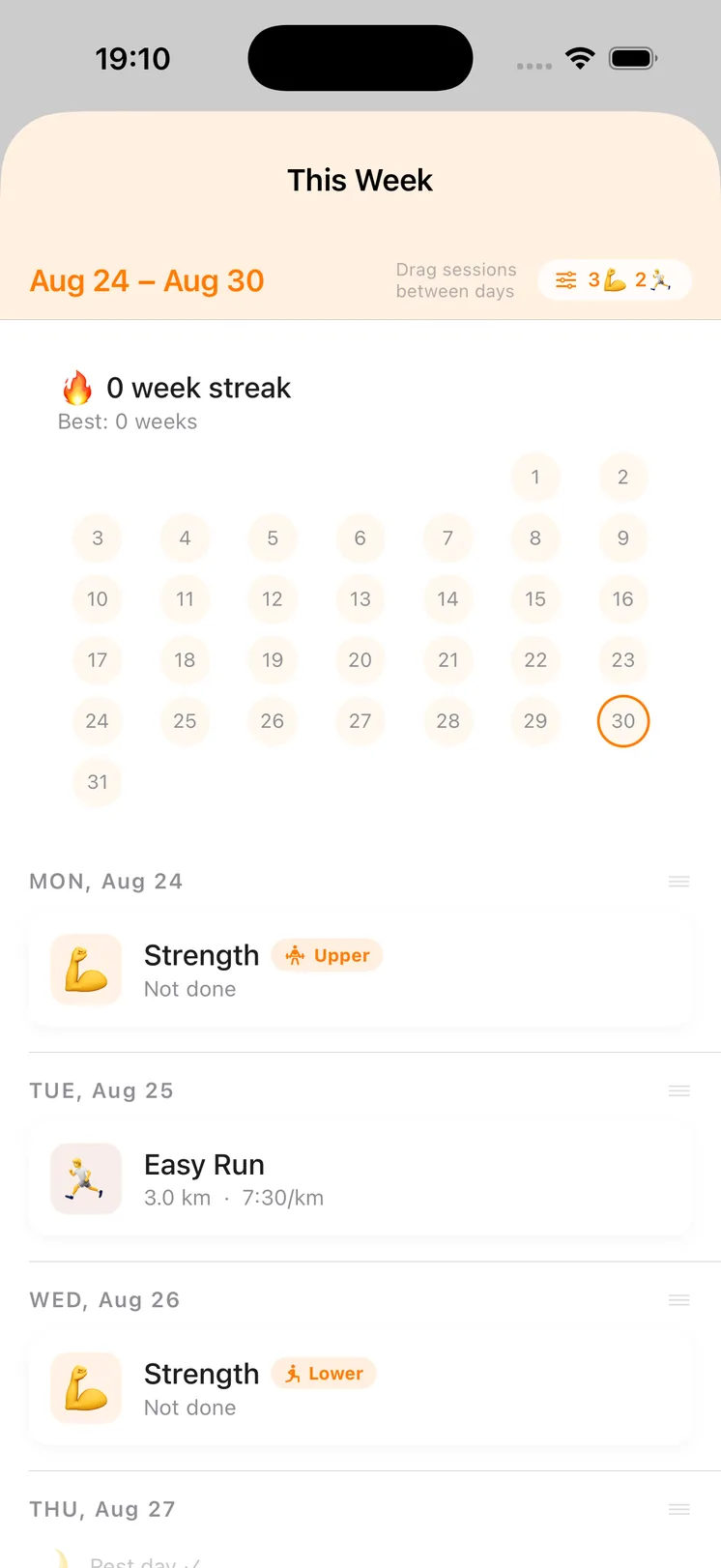 The FitBoost weekly calendar with each day’s planned strength session or run