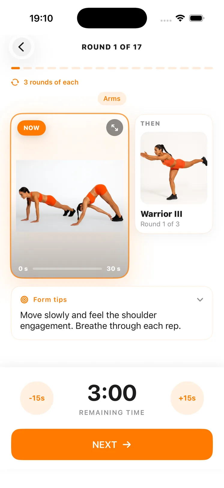A FitBoost workout in progress, with the current exercise, the next one and a countdown timer